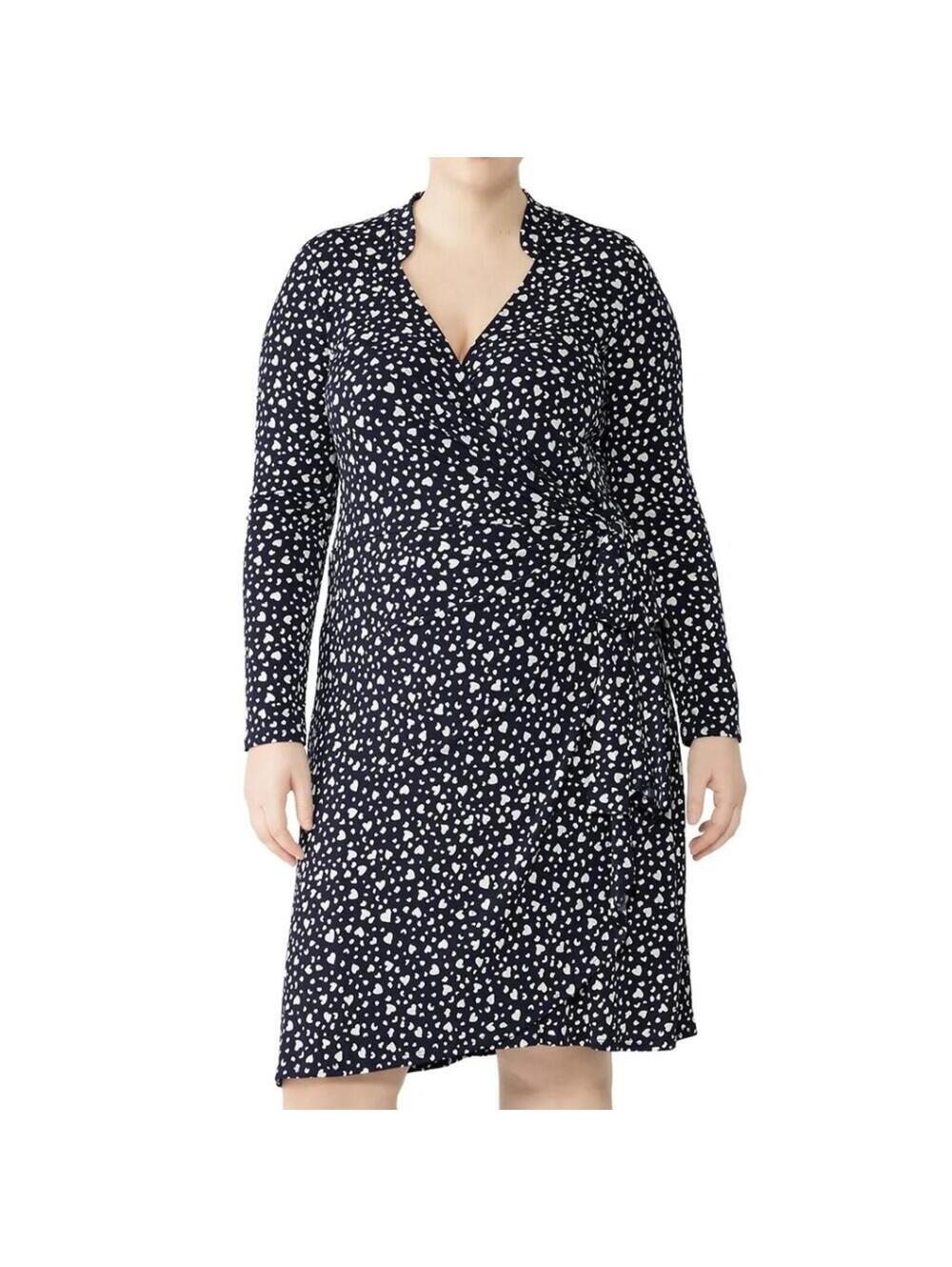 NWT Leota Gabrielle Heart Print Midi Wrap Dress 16W Navy Blue White Long Sleeve